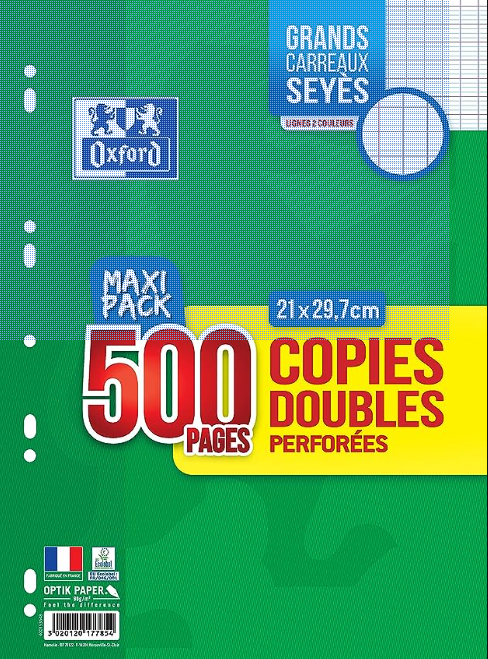 OXFORD Copies Doubles Lot 500 Pages A4 Perforées 90g Grands Carreaux